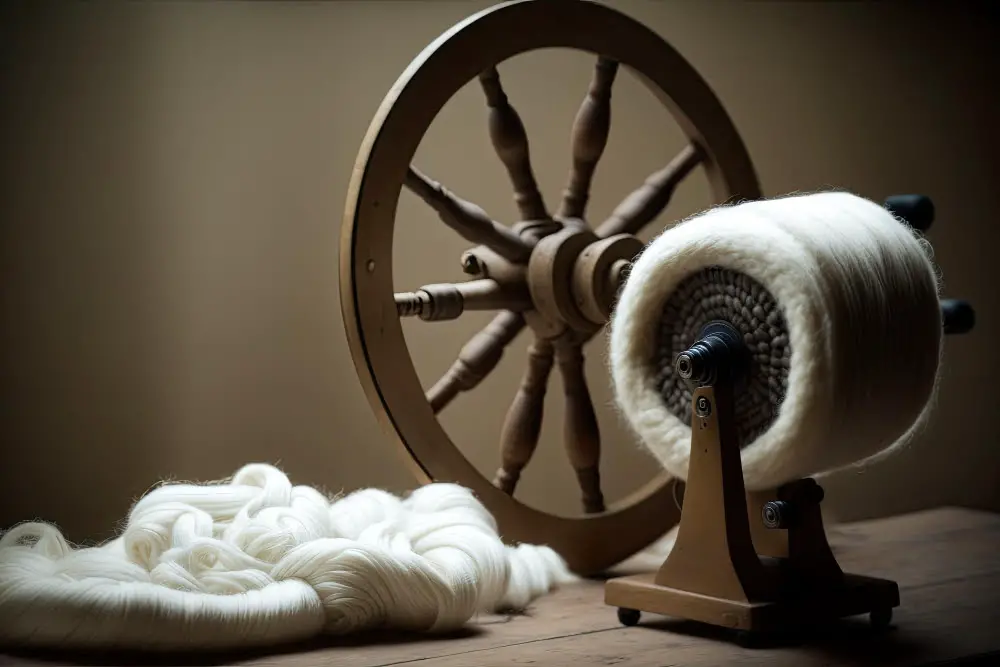 White wool and a spinning wheel