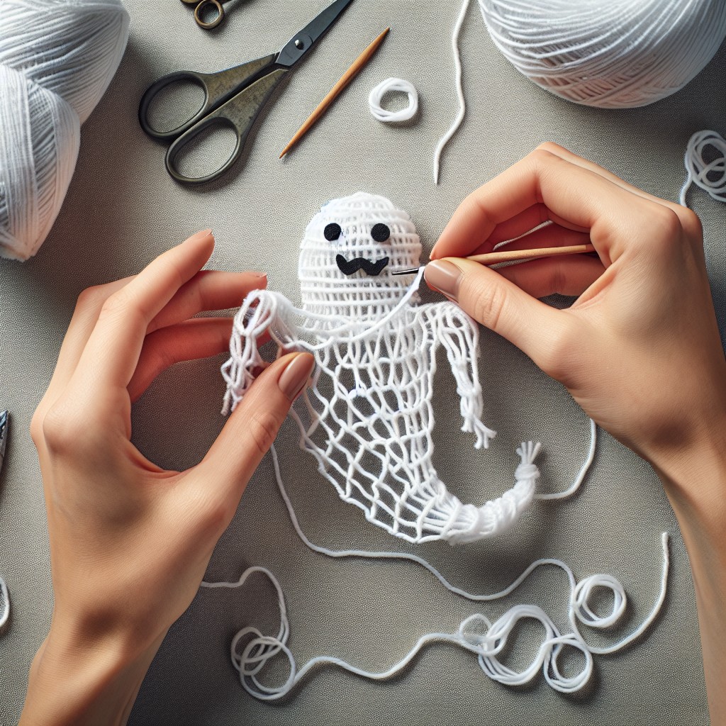 assembly of basic ghost shape with yarn and tying knots