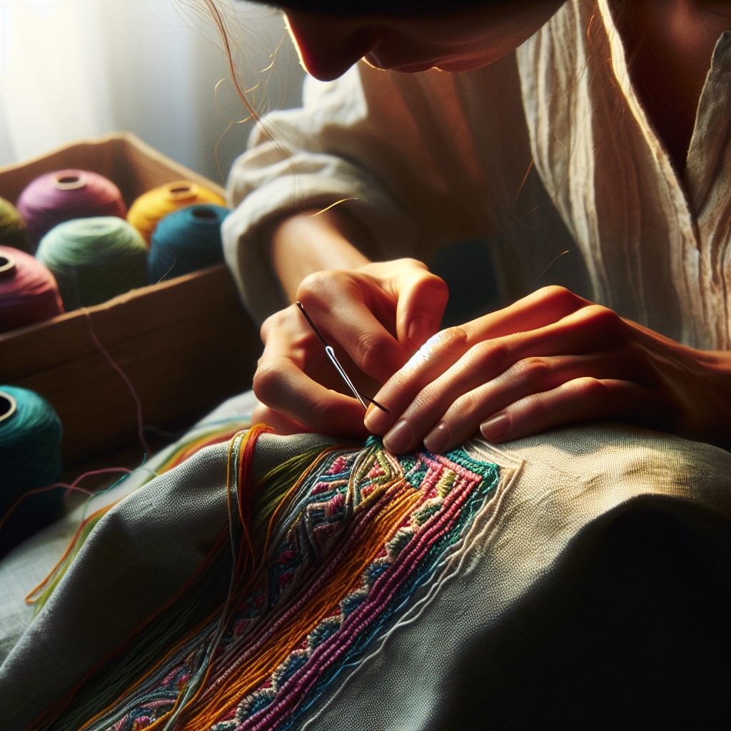 process of sewing yarn on fabric