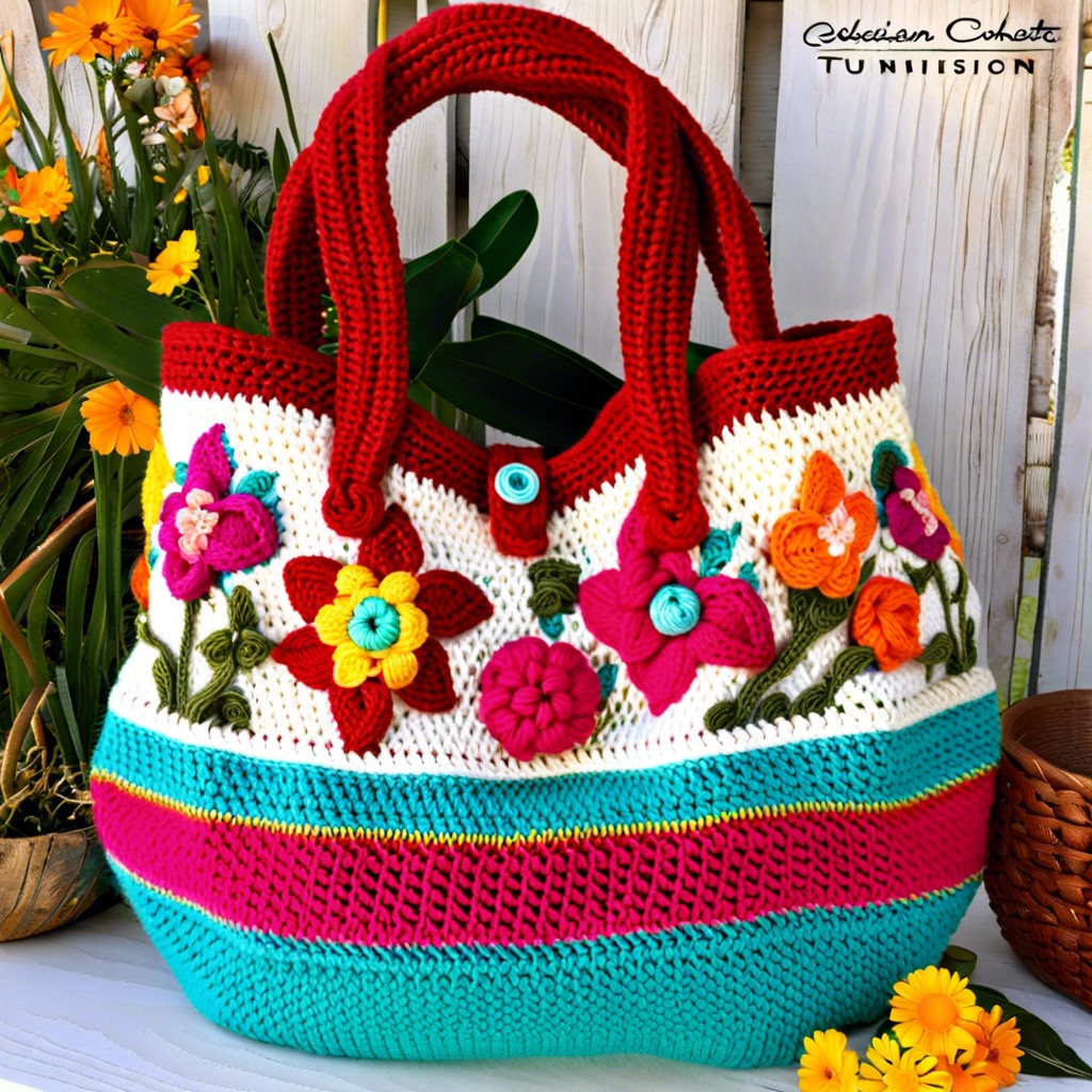tunisian crochet market bag with floral motifs