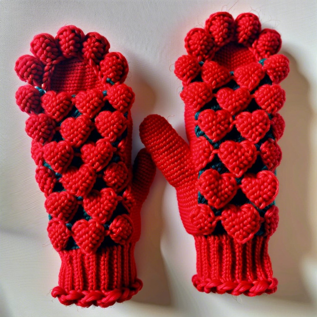 bobble stitch heart mittens