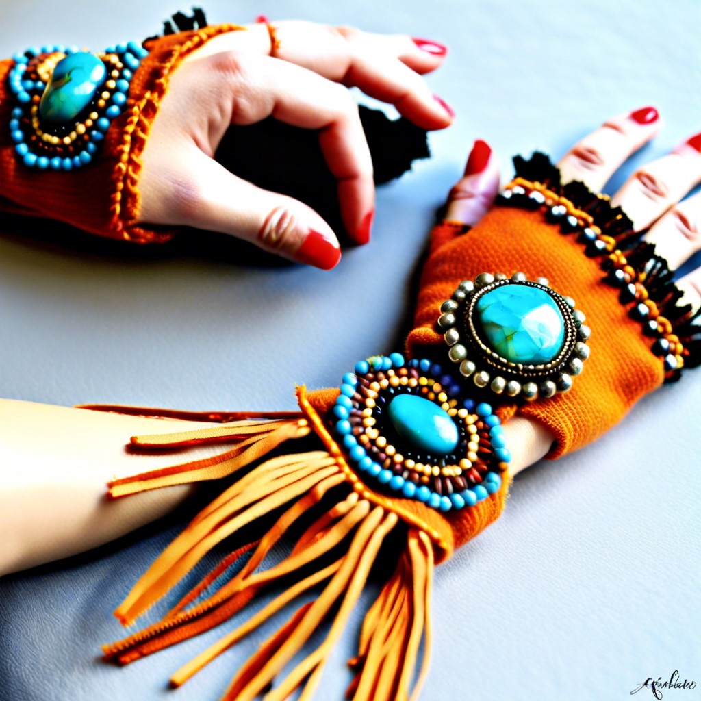 boho fingerless gloves with fringe and bead detailing