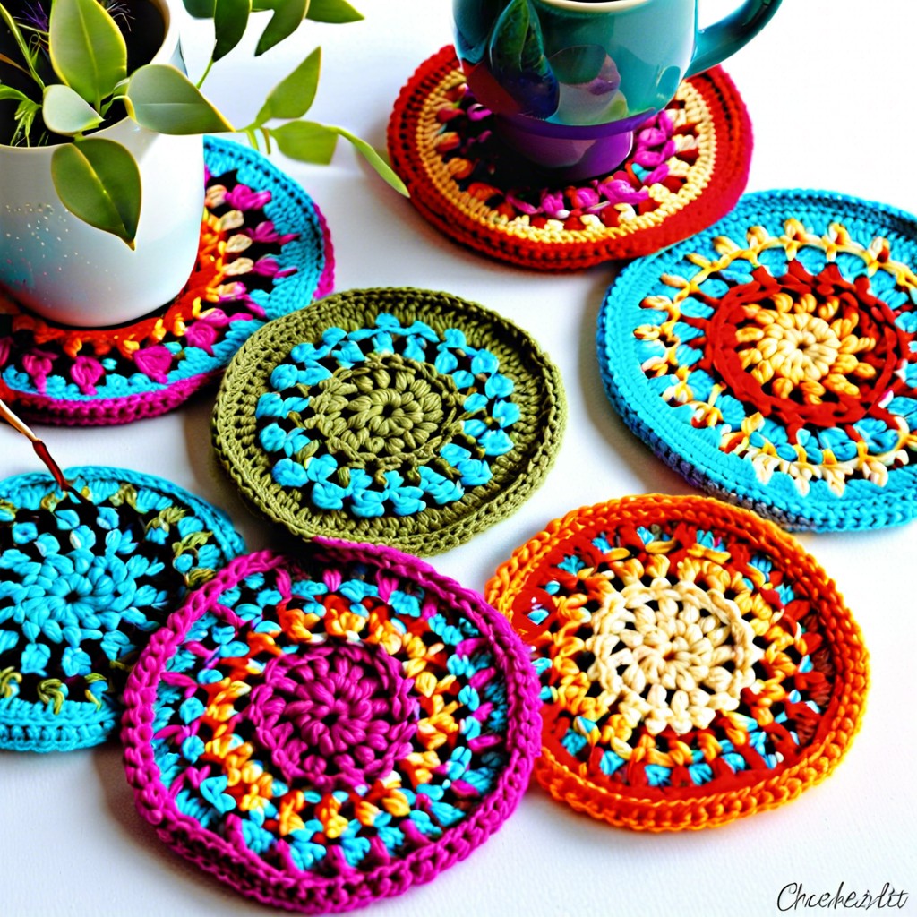 crochet coasters in bright colors