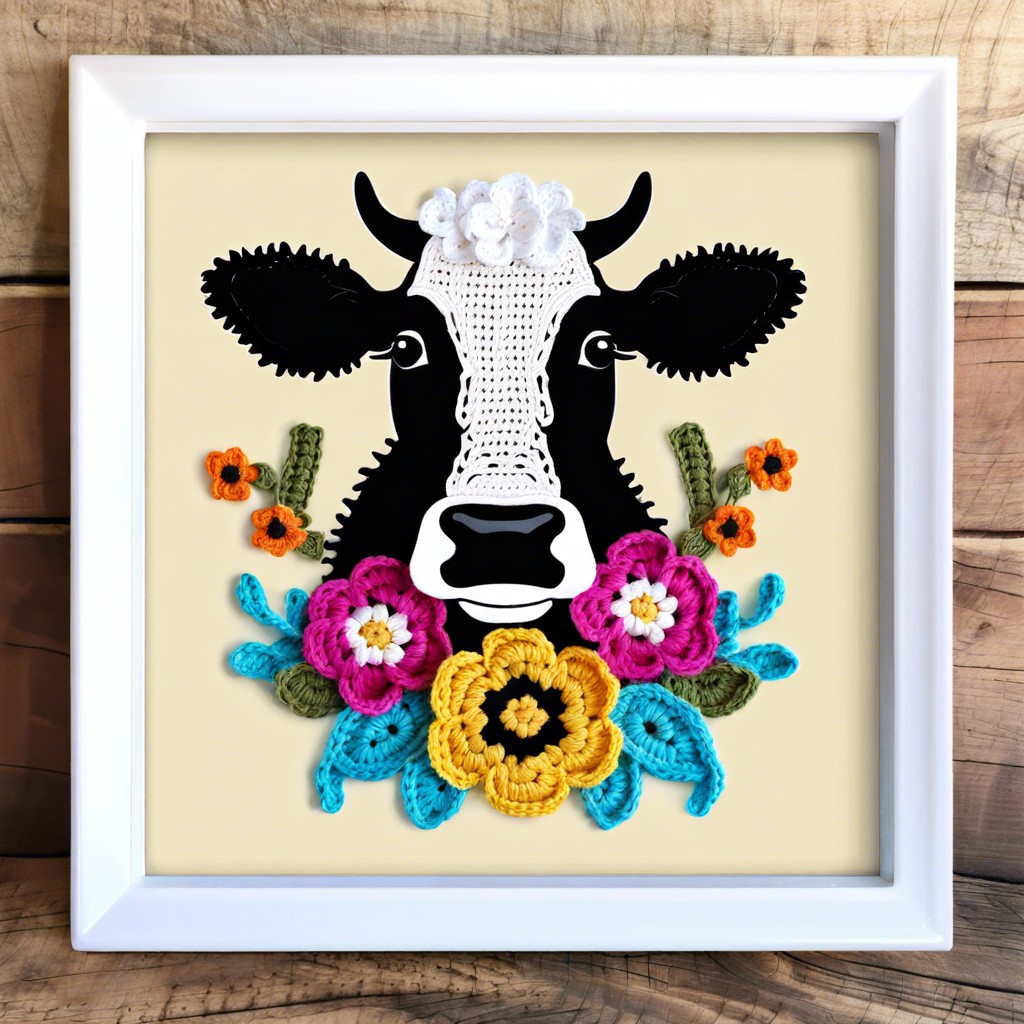 floral crochet cow wall art