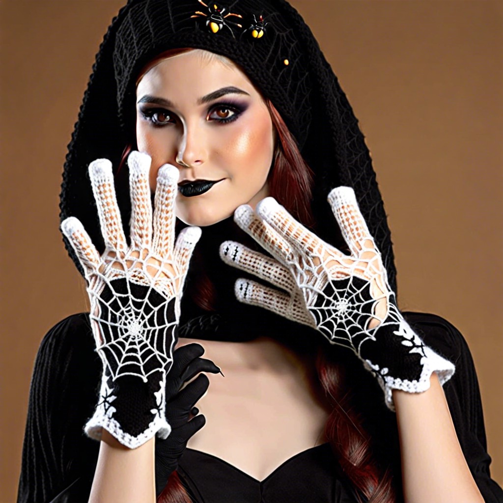 halloween themed gloves with spider web patterns