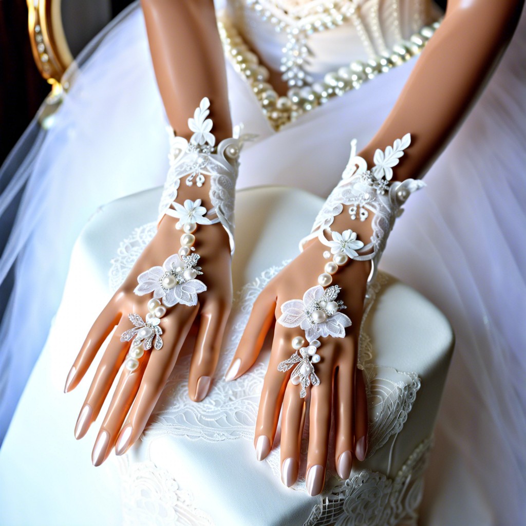 lace bridal gloves with pearl embellishments