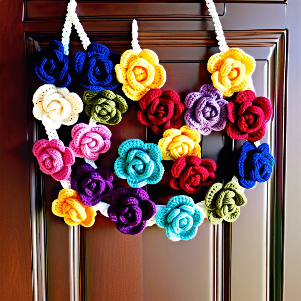 multicolored crochet rose garland