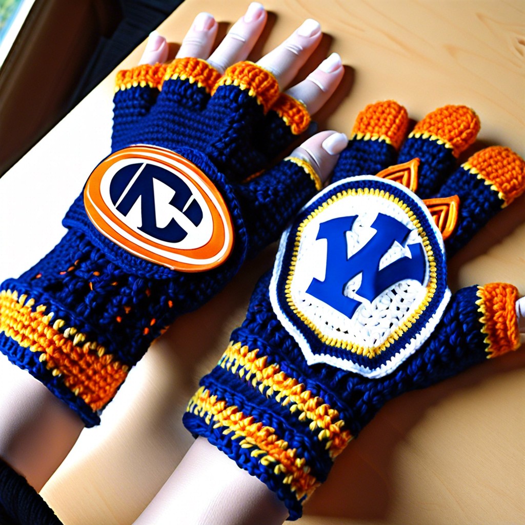 sports team themed gloves with logo appliques