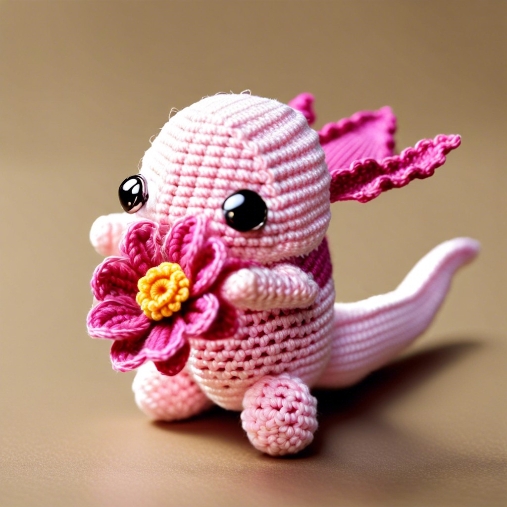 axolotl holding a miniature flower