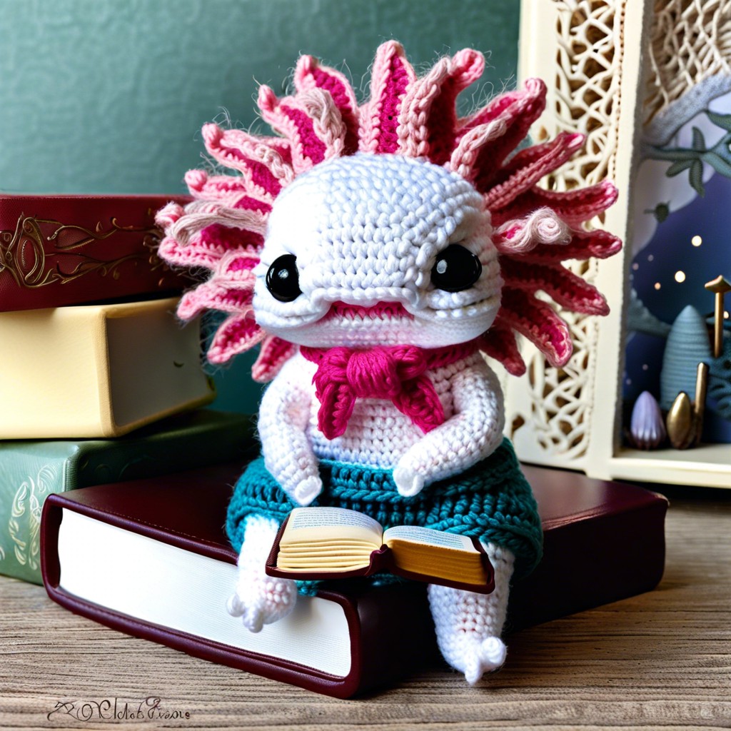 axolotl holding a tiny book