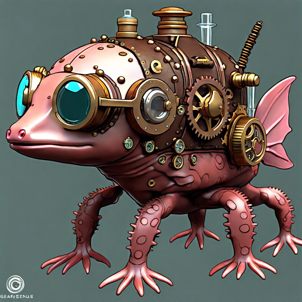 steampunk axolotl with gears and goggles