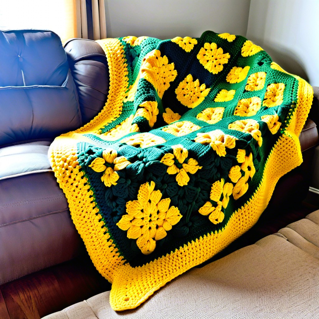 yellow and green granny square blanket