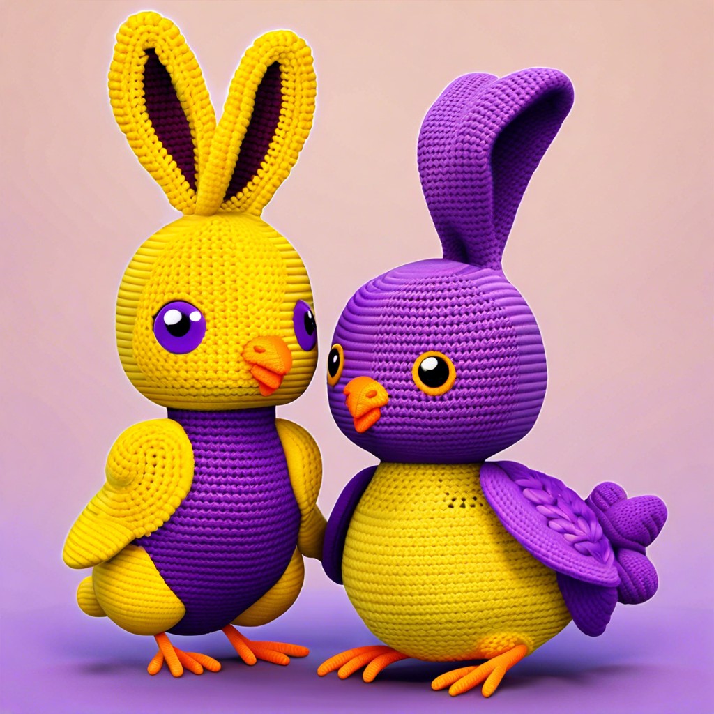 yellow chick and purple bunny amigurumis